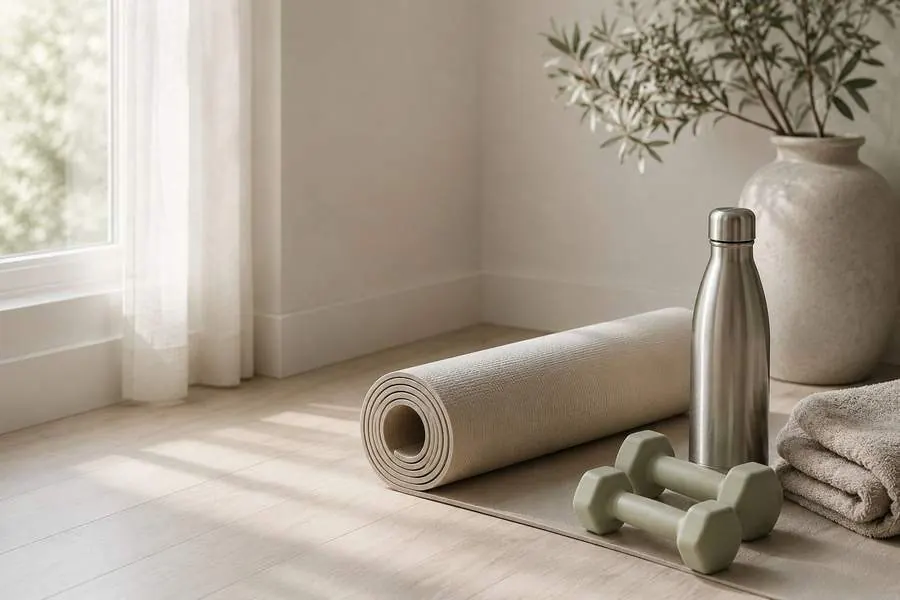 Tapete de exercício, halteres leves e garrafa
    de água