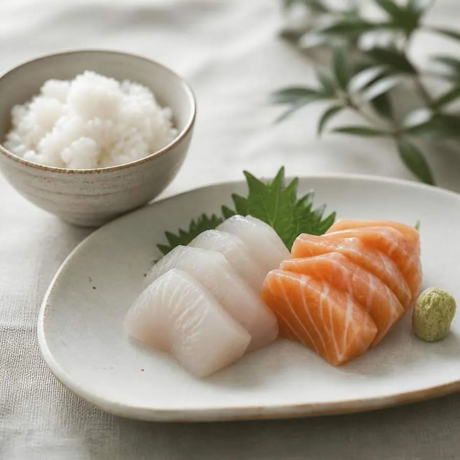 Sashimi e arroz japonês branco servidos em
    louça clara