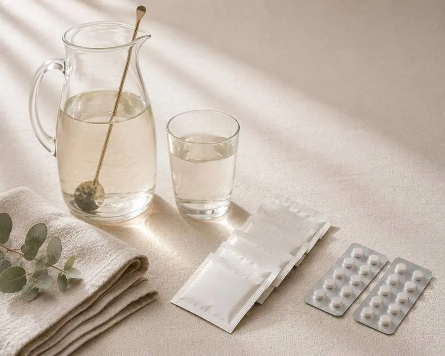 Jarra de água, copo e envelopes do laxante
    sobre uma mesa clara