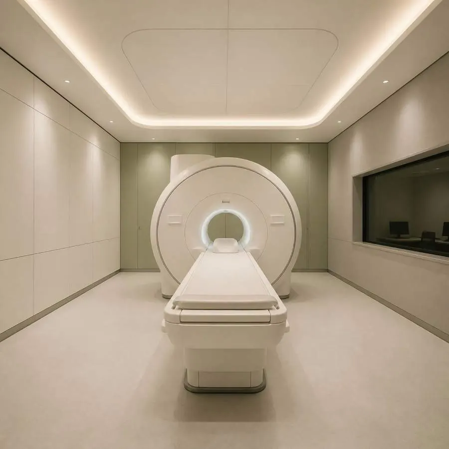 Sala de ressonância magnética com o
      aparelho preparado